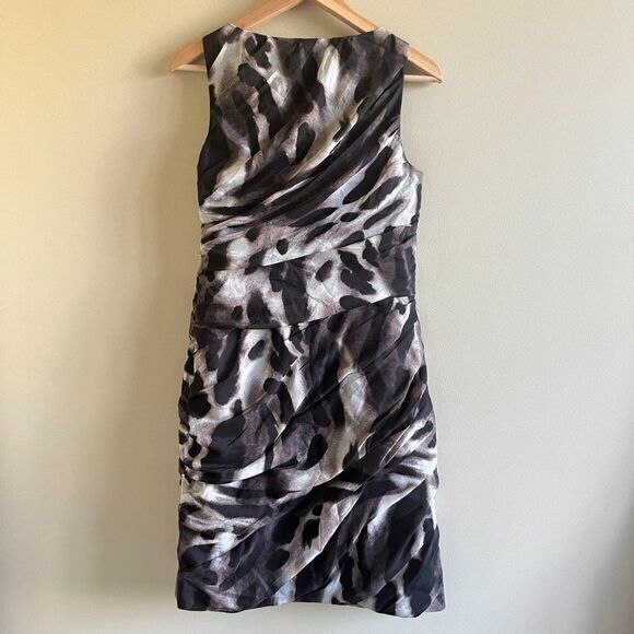 Ann Taylor Spotted Cheetah Print Ruched Draped Sheath Dress Size 6 Black Lined - Picture 9 of 9